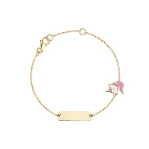 14K Yellow Gold Kids Girls ID Bracelet Cute Unicorn Charm with Pink Enamel Italy