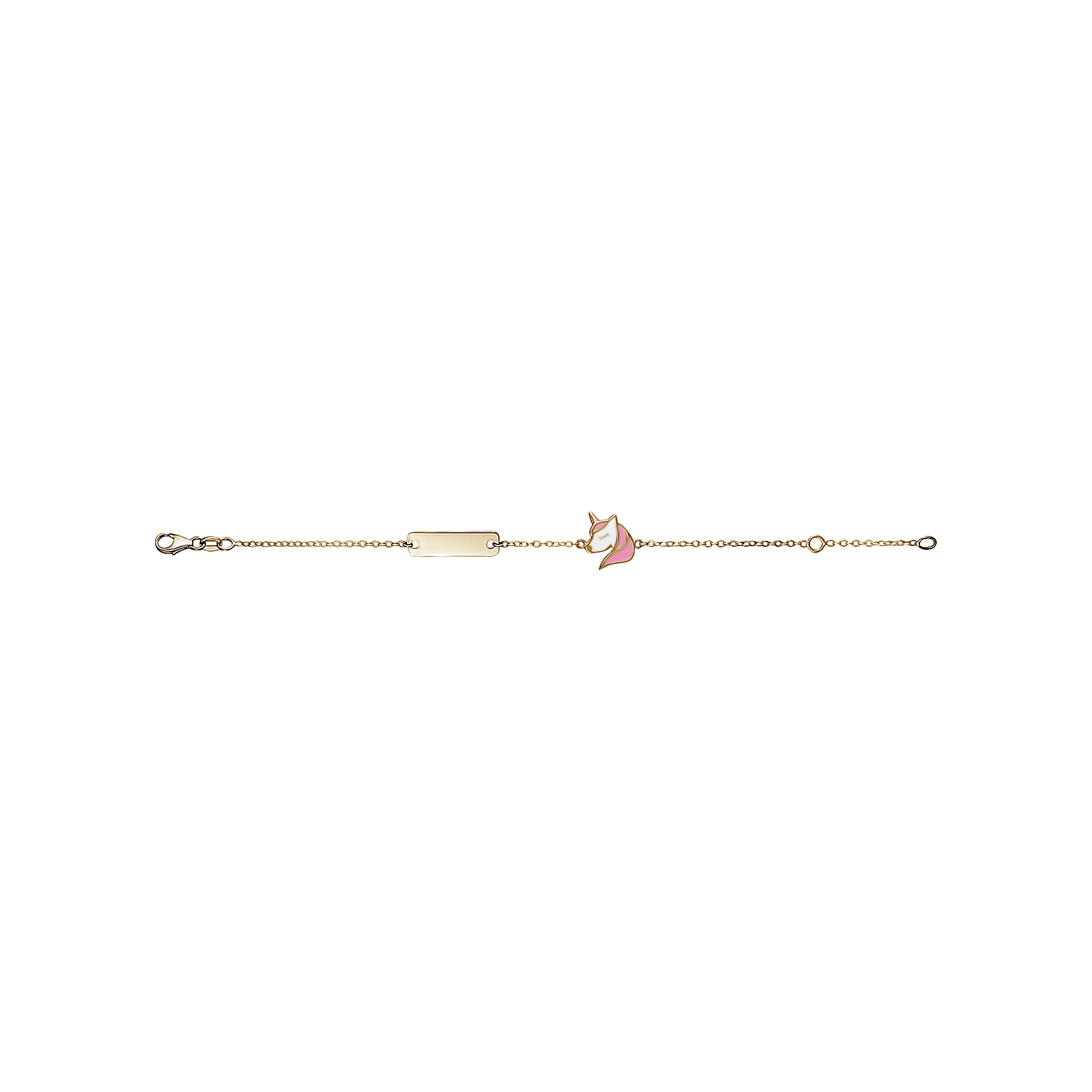 14K Yellow Gold Kids Girls ID Bracelet Cute Unicorn Charm with Pink Enamel Italy