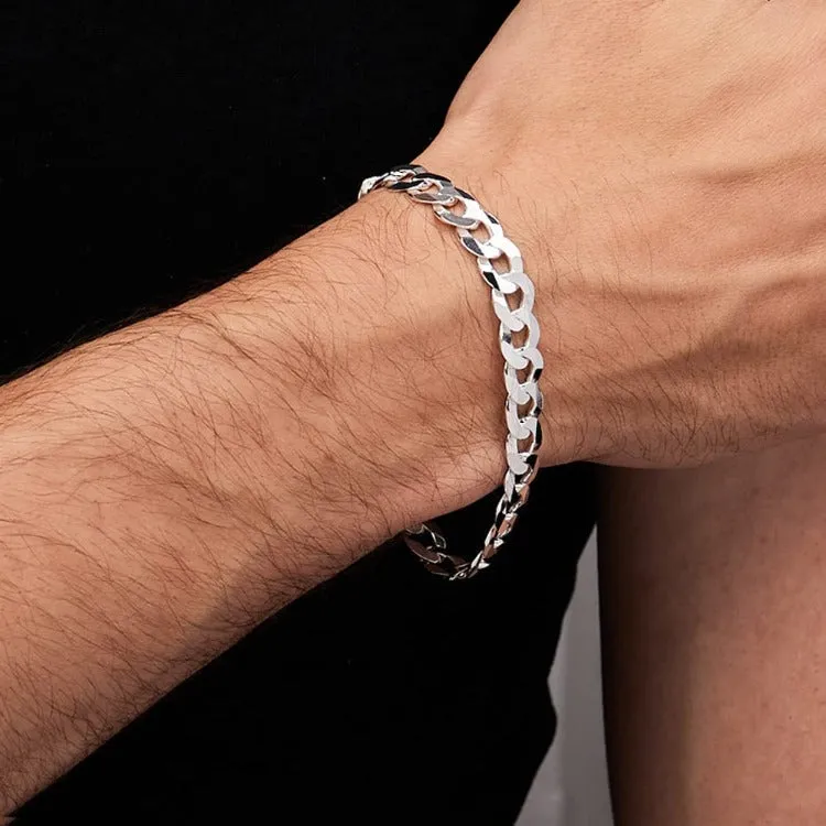 9.2mm Solid 925 Silver Curb Chain Bracelet For Men