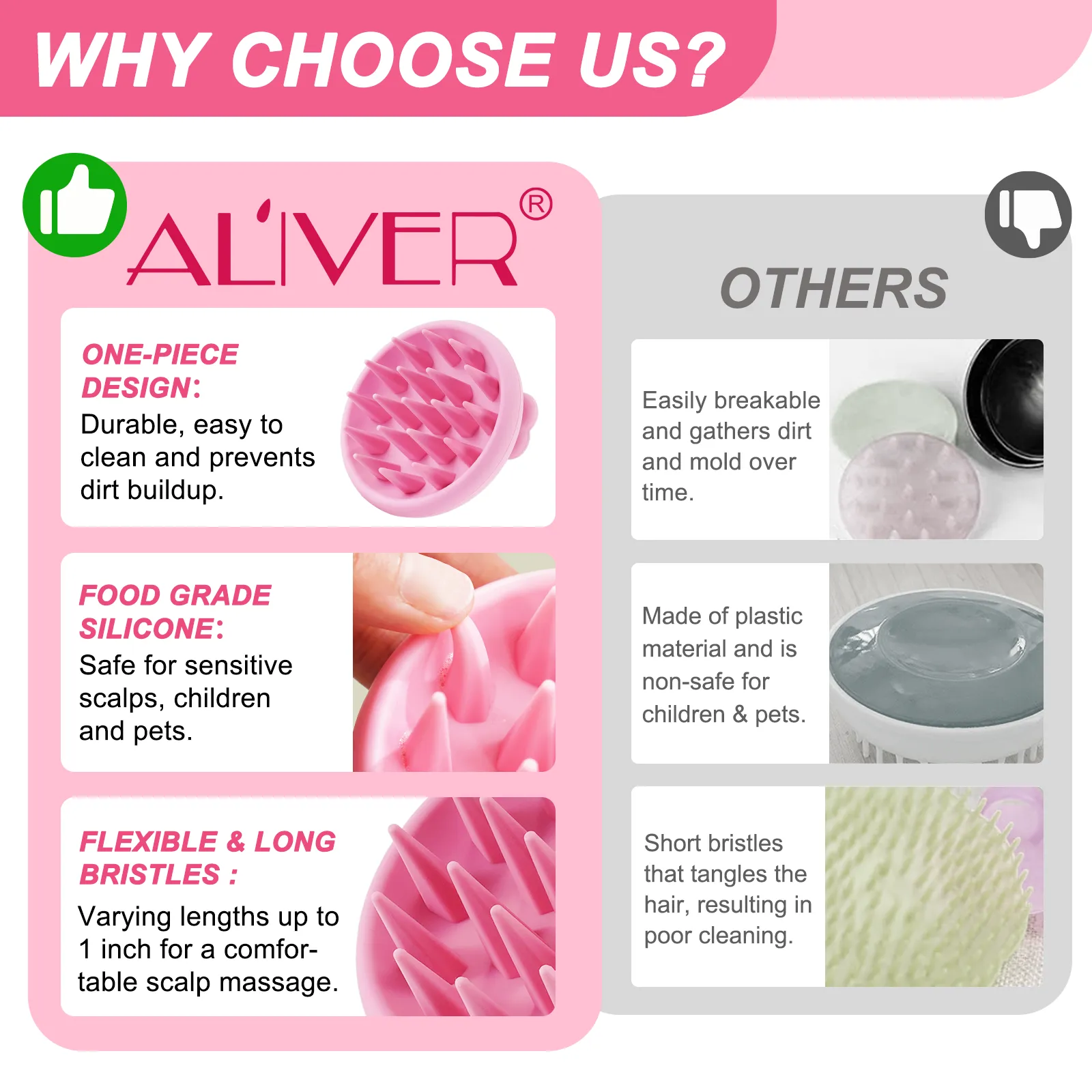 Aliver 2PC Silicone Massage Comb - Pink