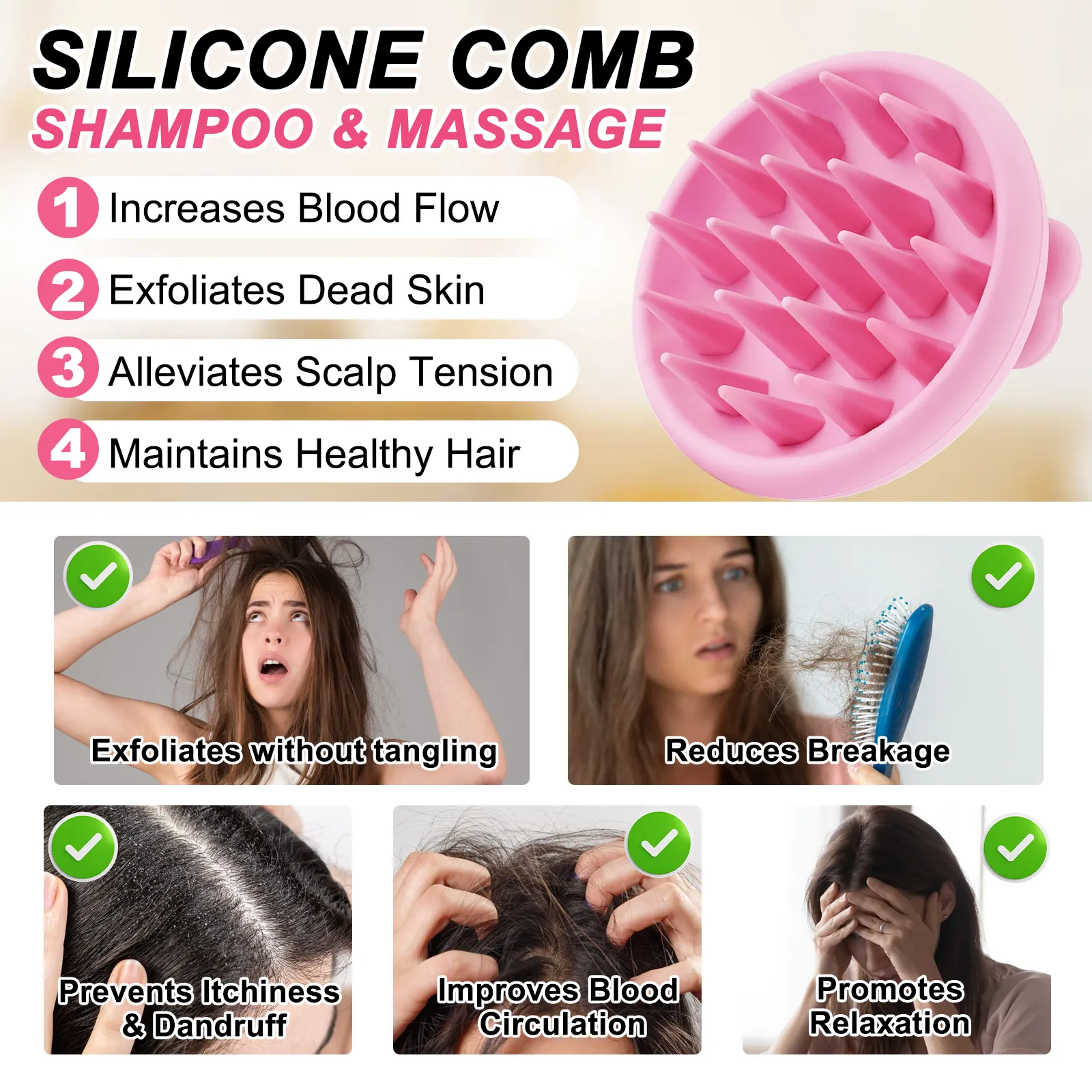 Aliver 2PC Silicone Massage Comb - Pink