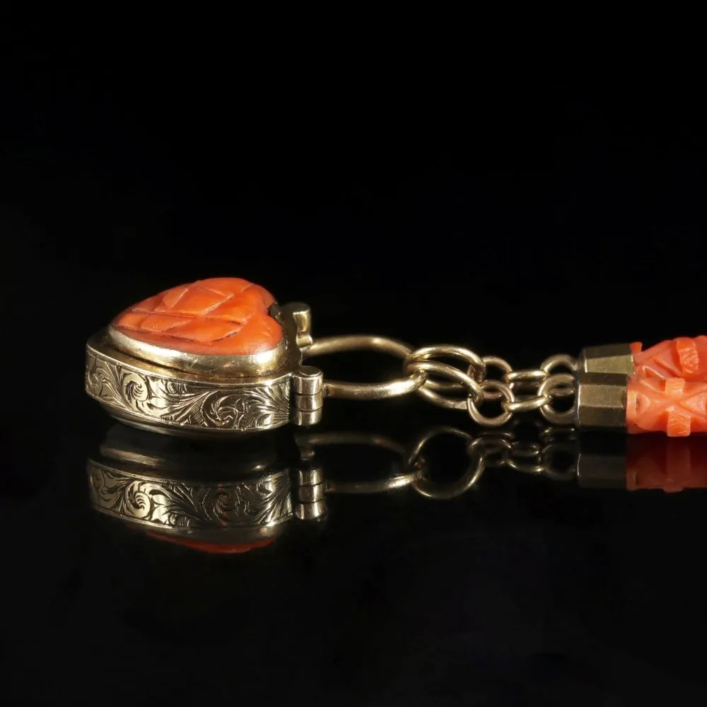 Antique Georgian Coral Necklace 18Ct Gold Heart Locket Circa 1780