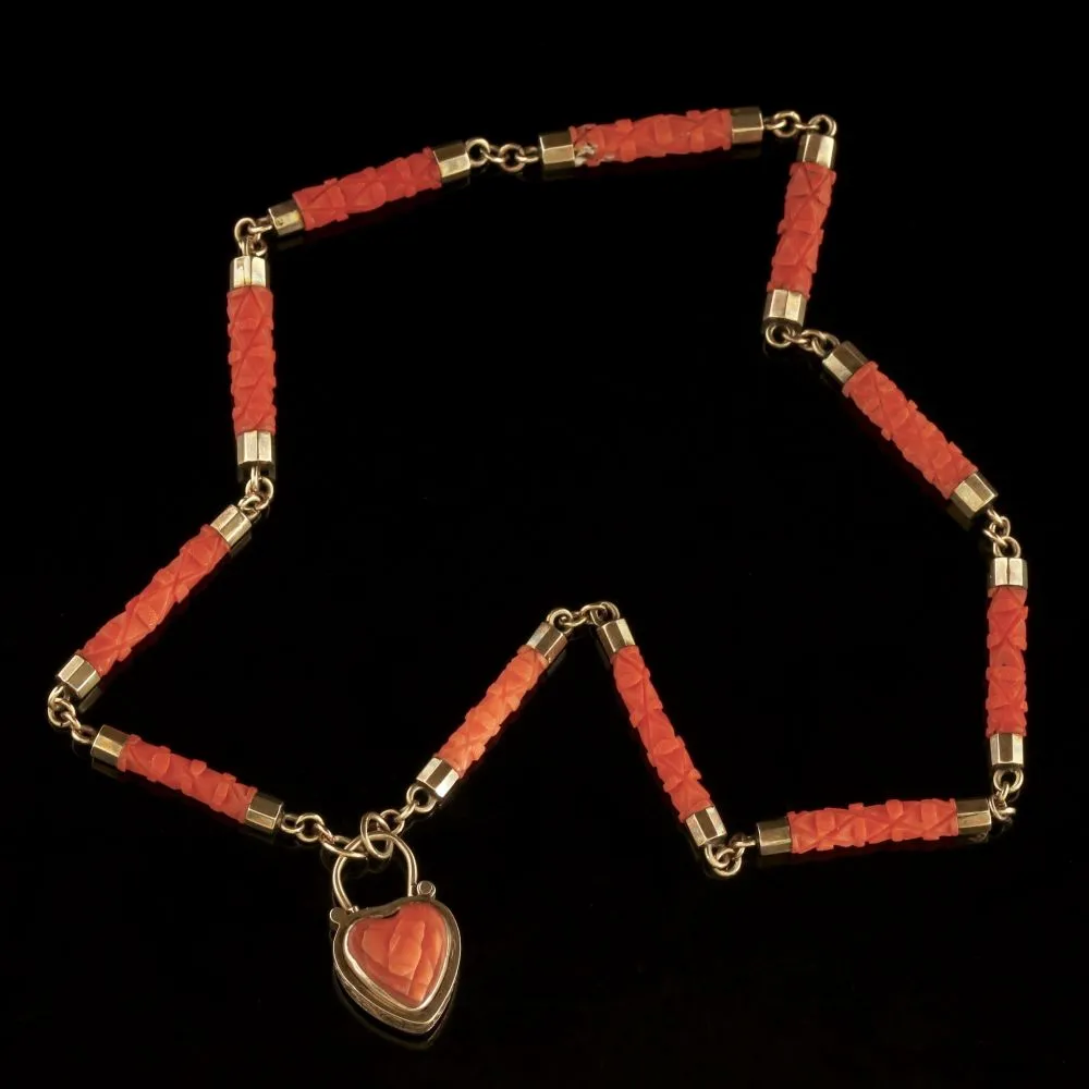 Antique Georgian Coral Necklace 18Ct Gold Heart Locket Circa 1780