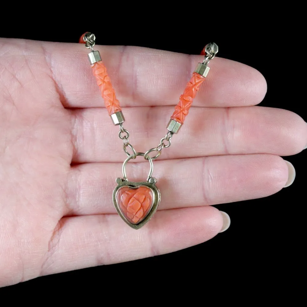 Antique Georgian Coral Necklace 18Ct Gold Heart Locket Circa 1780