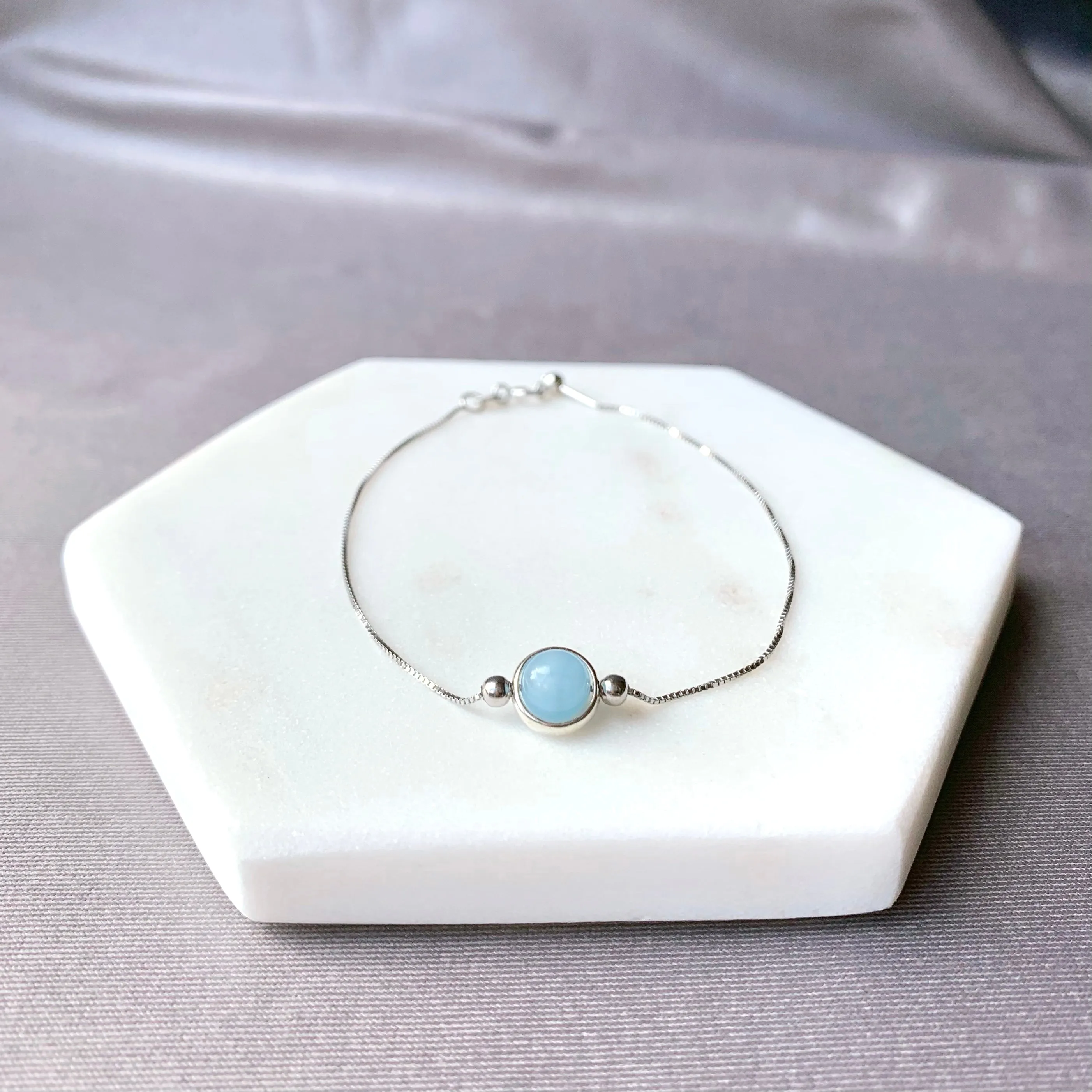 Aquamarine Round Frame 925 Silver Bracelet (6mm)