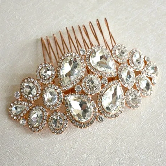 Blush Rose Gold Wedding Hair Comb, Bridal Crystal Hair Comb, Crystal Headpiece, Blush Wedding Hair Piece, Rhinestone Bridal Hair Jewelry