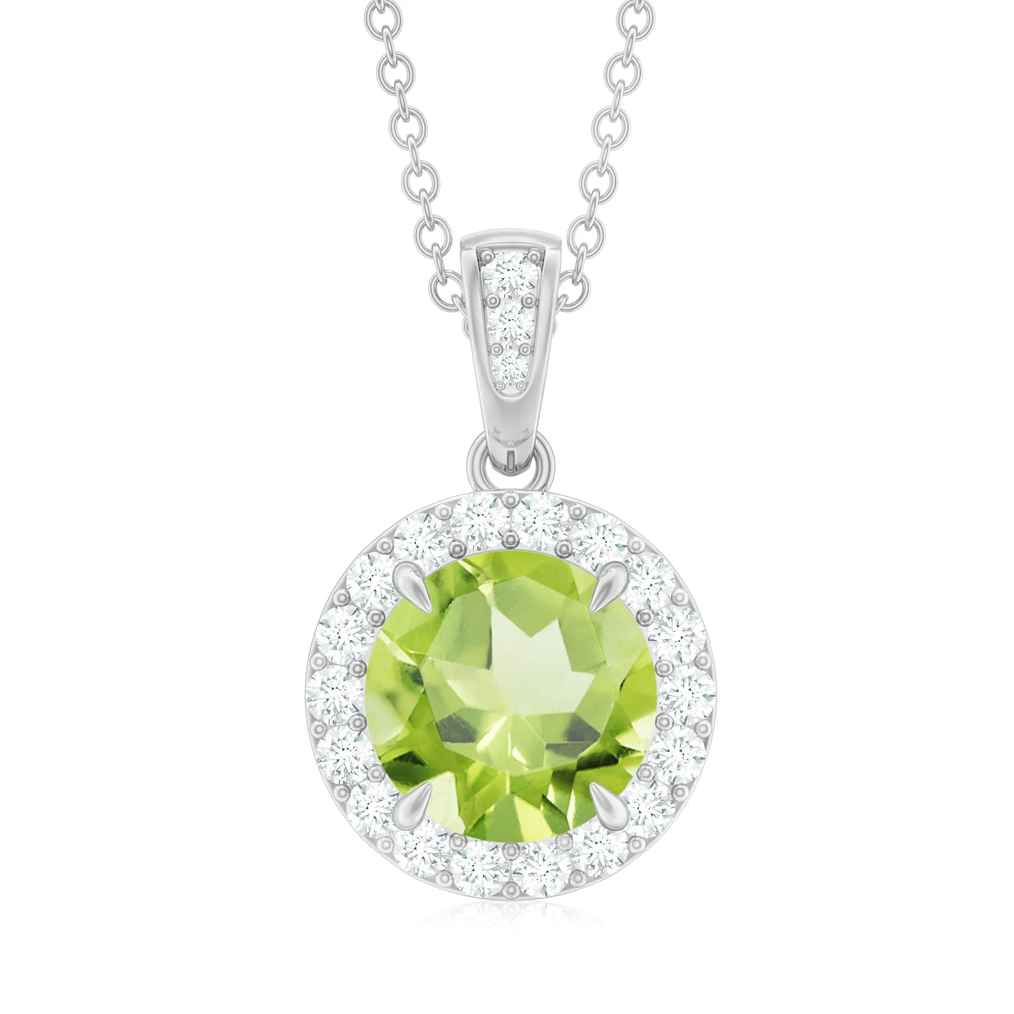Claw Set Round Peridot Halo Pendant with Diamond