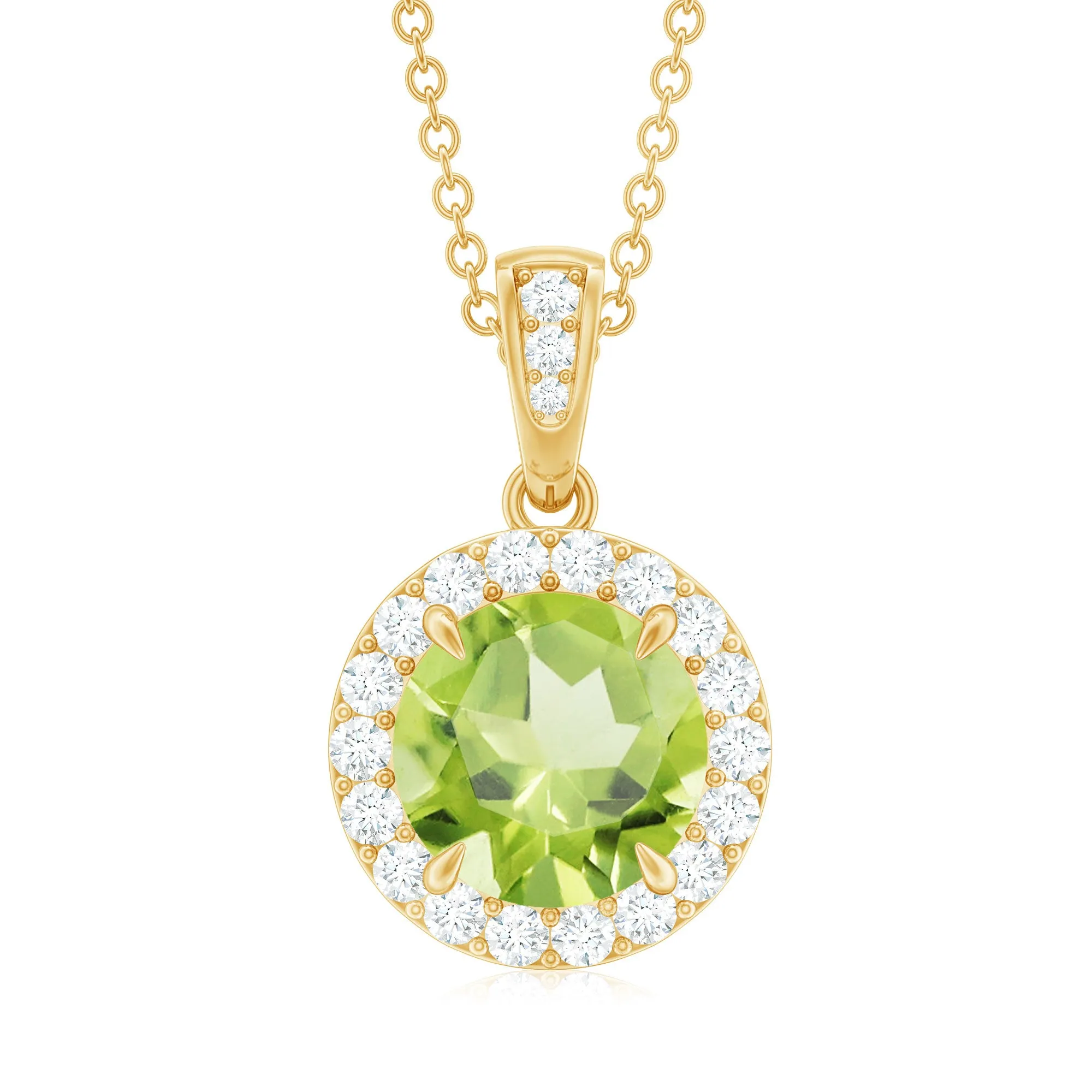 Claw Set Round Peridot Halo Pendant with Diamond