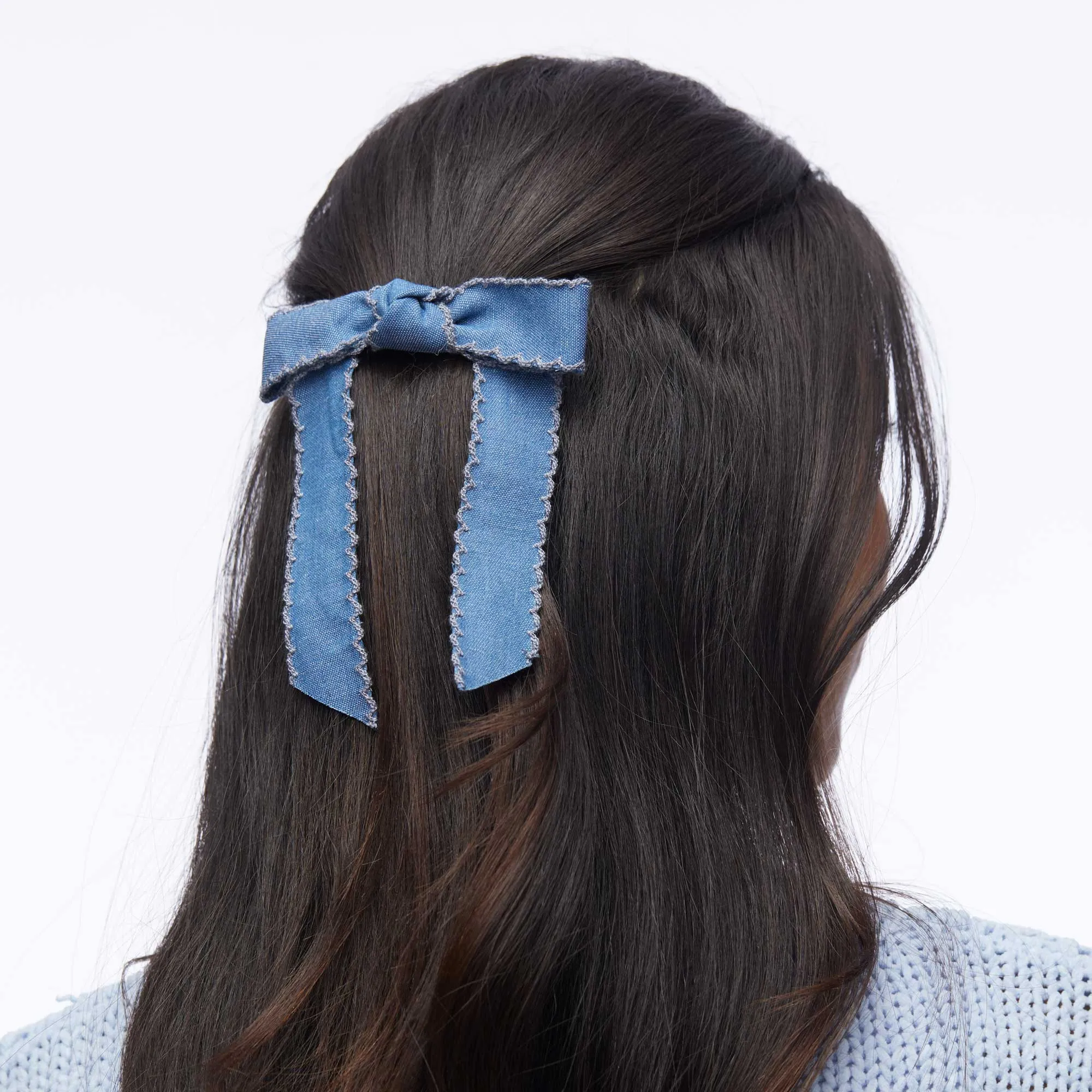DENIM BARDOT SCALLOPED EDGE BOW BARRETTE
