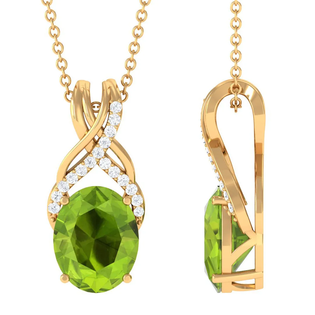 Designer Oval Peridot Solitaire Pendant with Diamond Twisted Bail