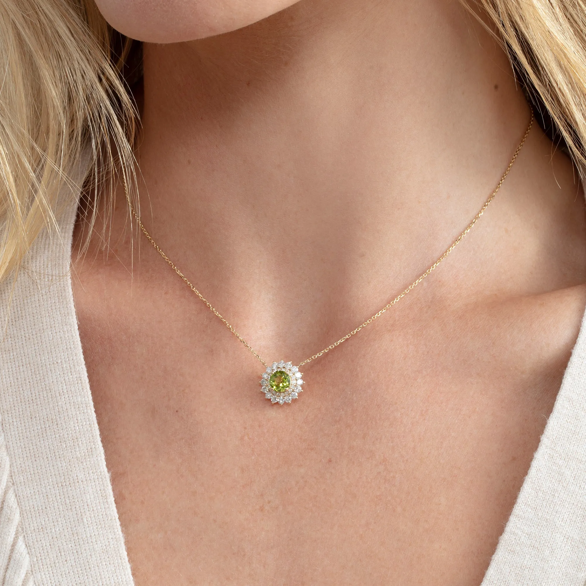 Diamond Halo Peridot Necklace, Saira