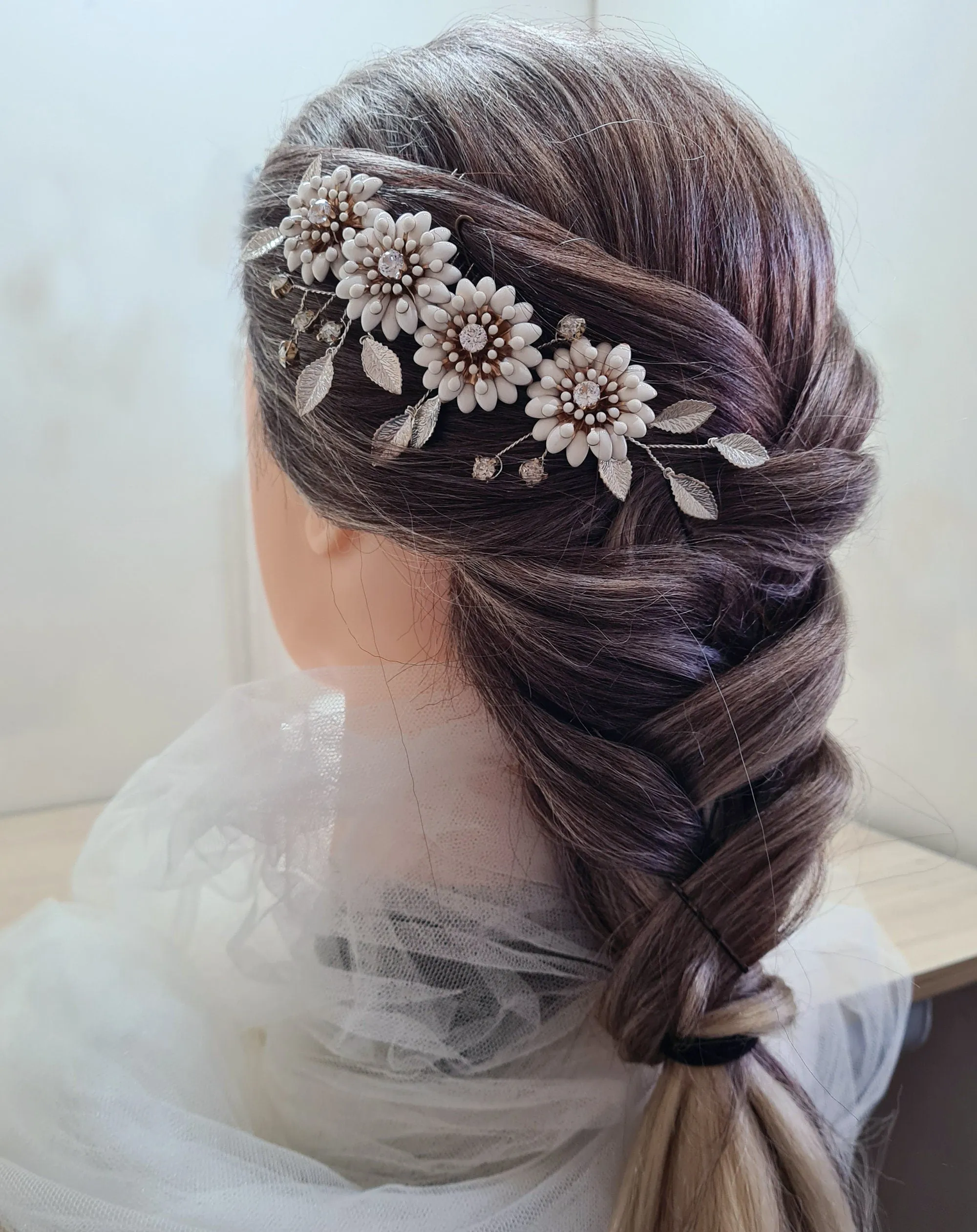 Enamel Daisy Flowers Silver Leaves Bridal Wedding Side Hair Comb Hair Clip Bridesmaid
