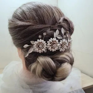 Enamel Daisy Flowers Silver Leaves Bridal Wedding Side Hair Comb Hair Clip Bridesmaid