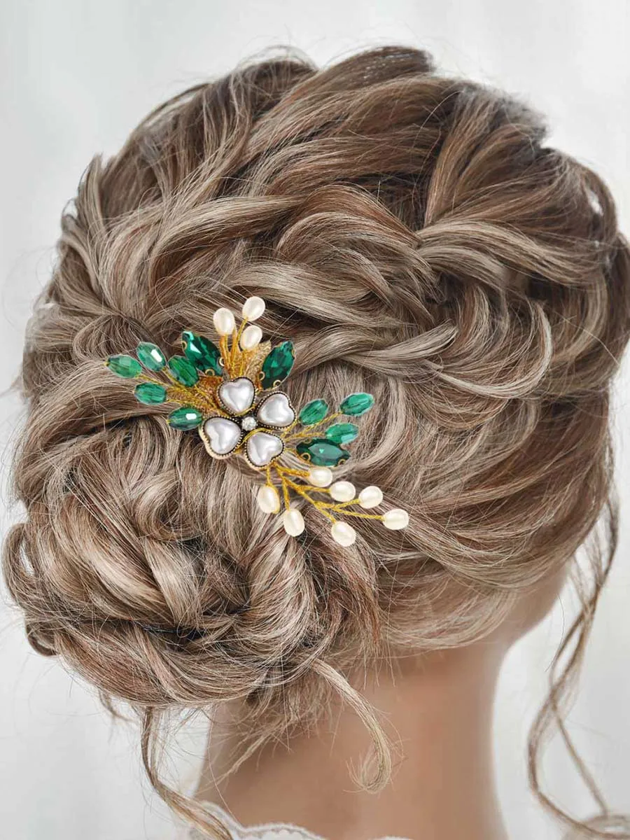 Green Crystal Wedding Hair Clip Gold Pearl Hair Piece Barrette Leaf Bridal Hair Accessories