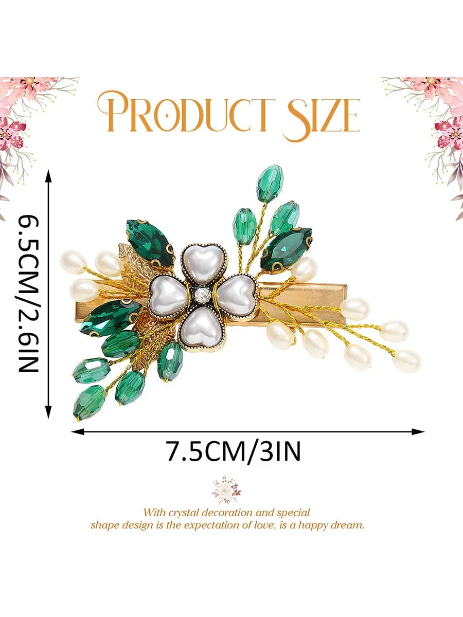 Green Crystal Wedding Hair Clip Gold Pearl Hair Piece Barrette Leaf Bridal Hair Accessories