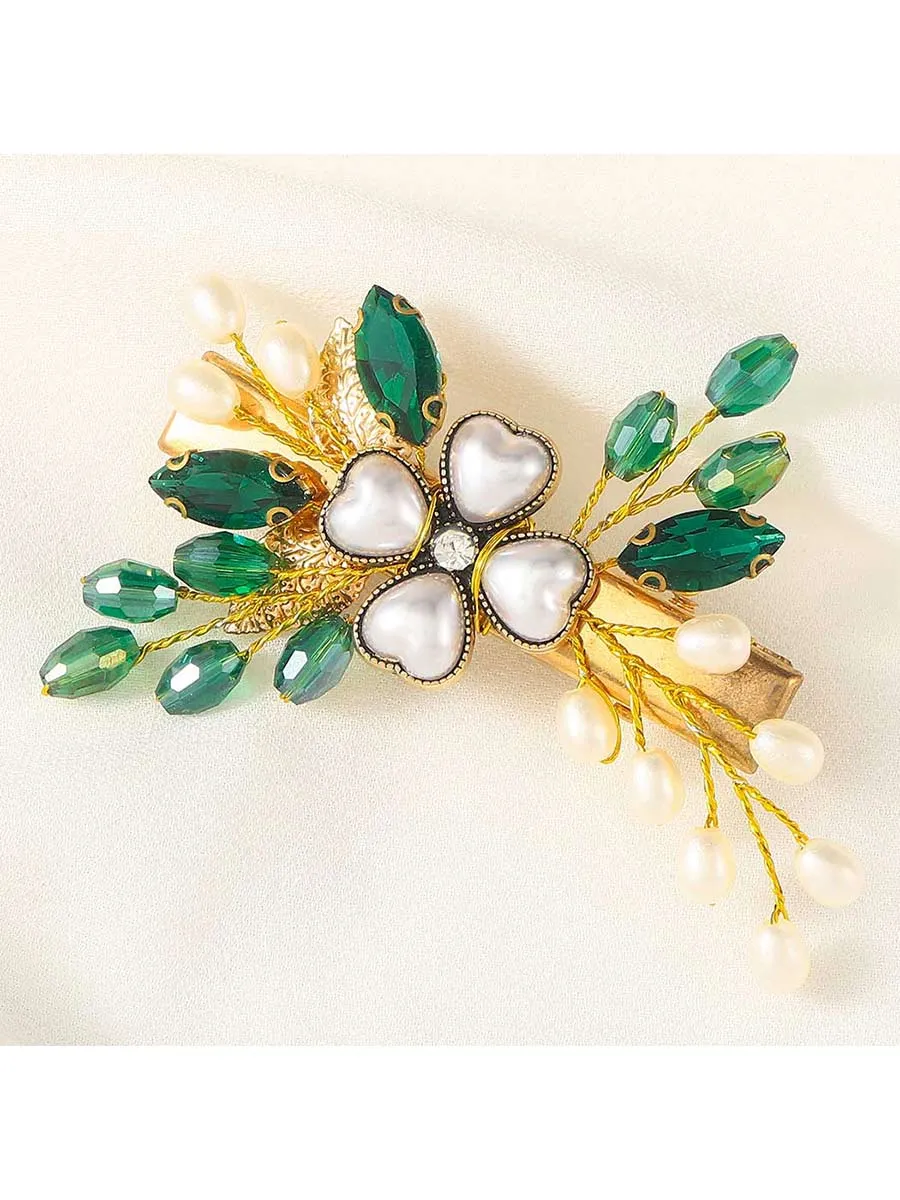 Green Crystal Wedding Hair Clip Gold Pearl Hair Piece Barrette Leaf Bridal Hair Accessories