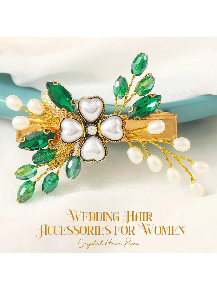Green Crystal Wedding Hair Clip Gold Pearl Hair Piece Barrette Leaf Bridal Hair Accessories