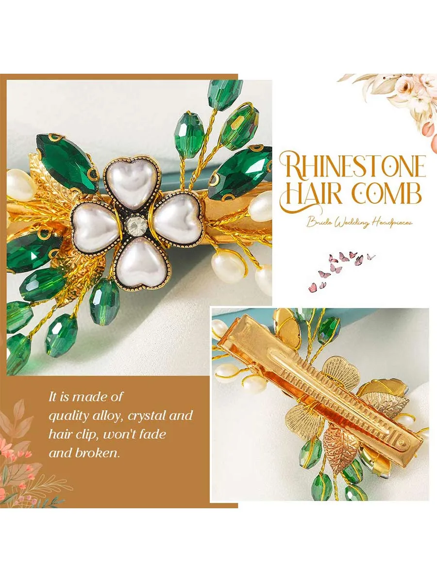 Green Crystal Wedding Hair Clip Gold Pearl Hair Piece Barrette Leaf Bridal Hair Accessories