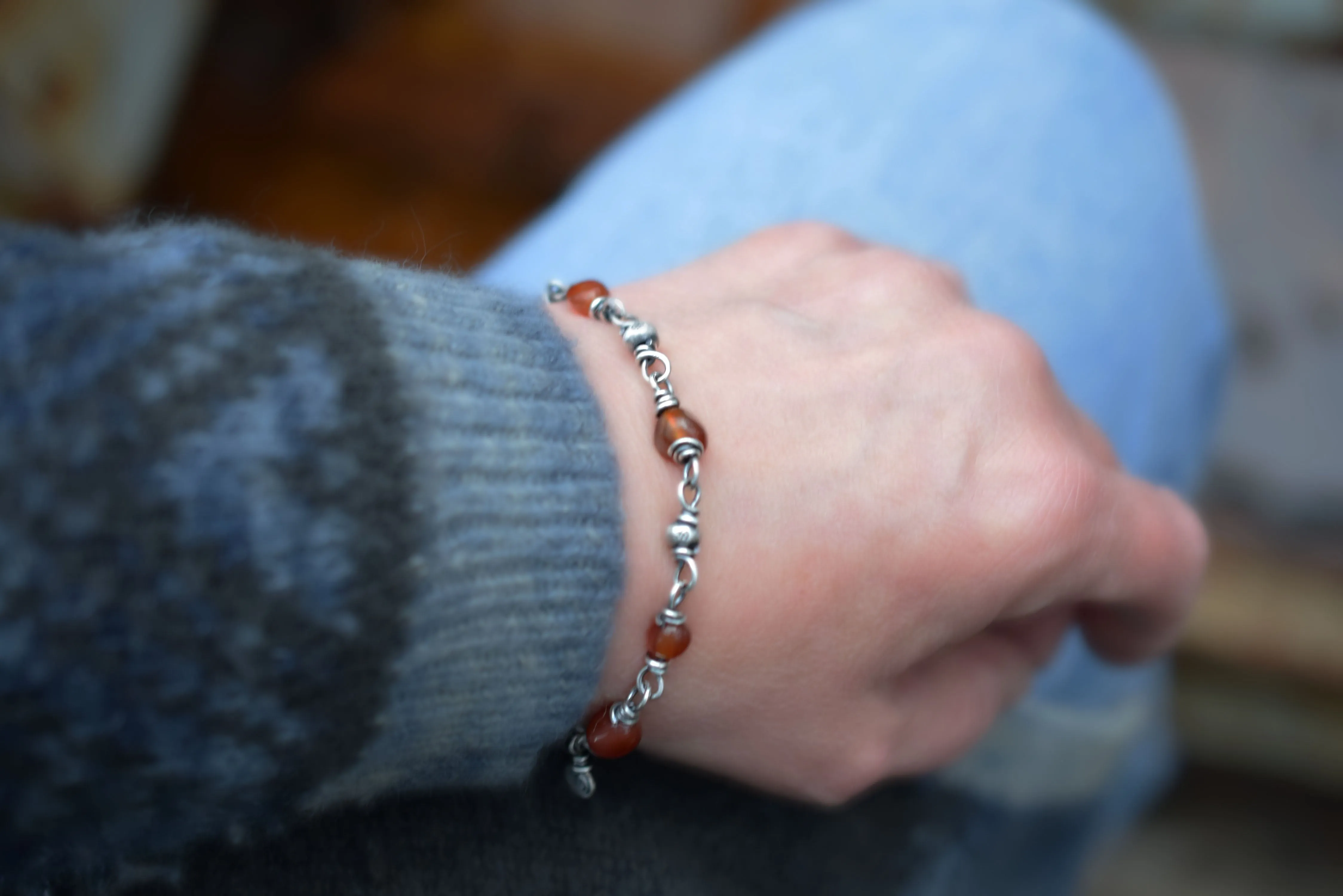 Handcrafted Gemstone Bracelet Fine Sterling Silver Thai Hill Tribe Silver Beaded Stone Handmade Jewelry