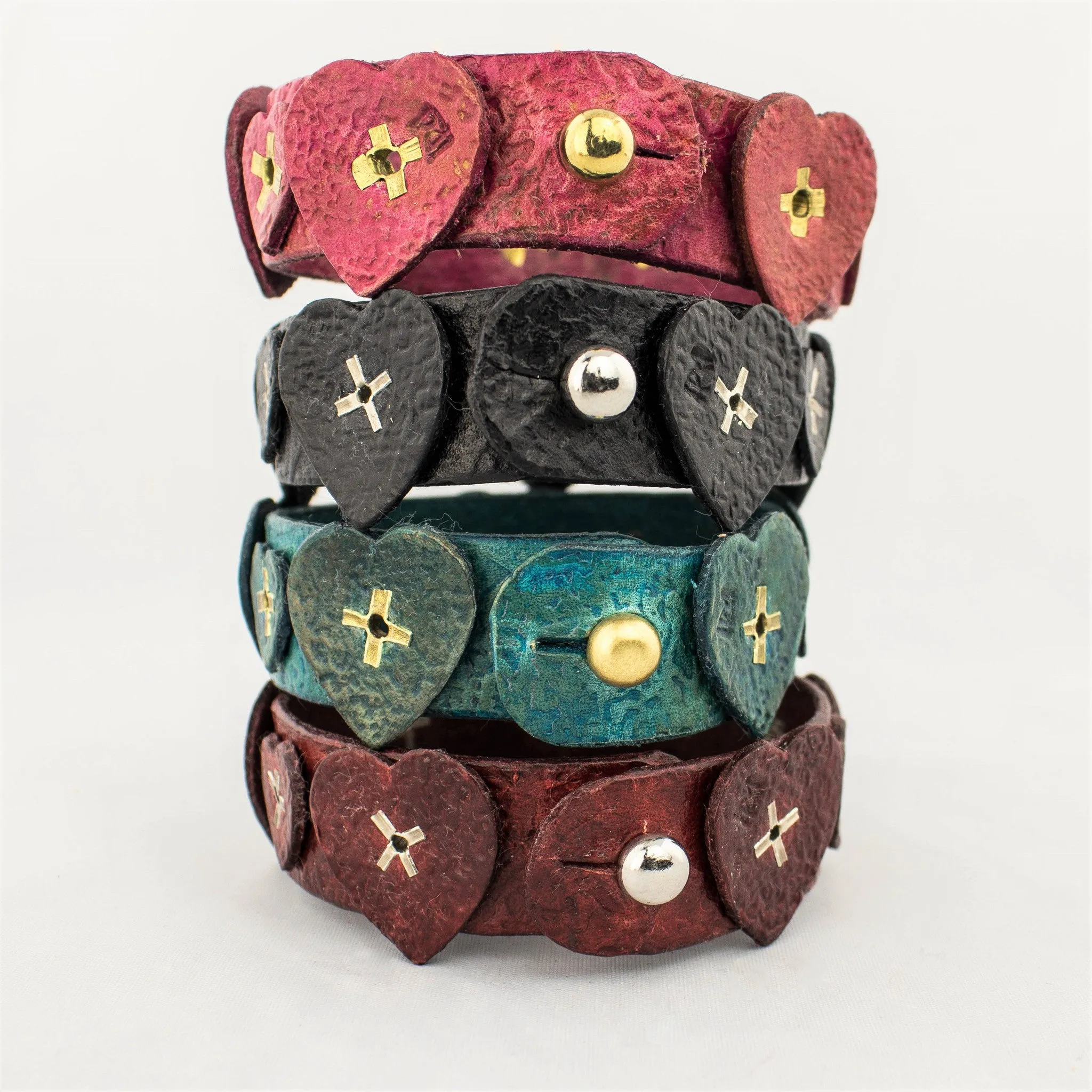 Heart Motif Rustic Leather Wristlet with Handcut Rivets
