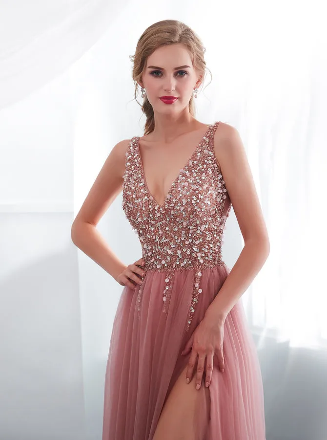 Long Tulle Prom Dress with Slit,Stunning Evening Dress,PD00408