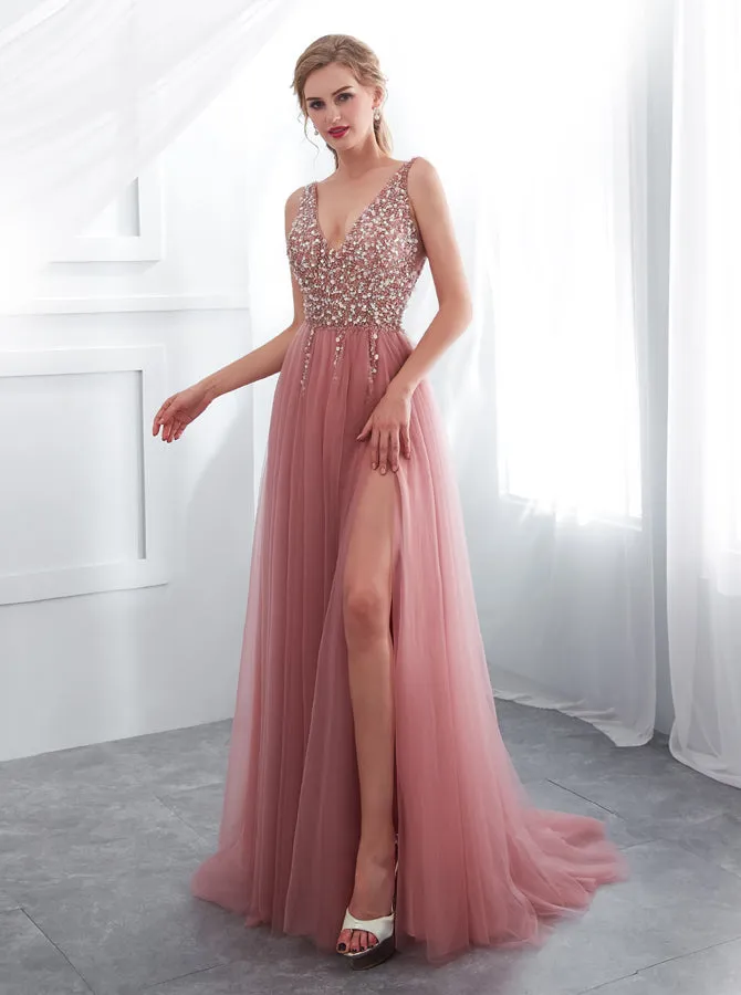 Long Tulle Prom Dress with Slit,Stunning Evening Dress,PD00408