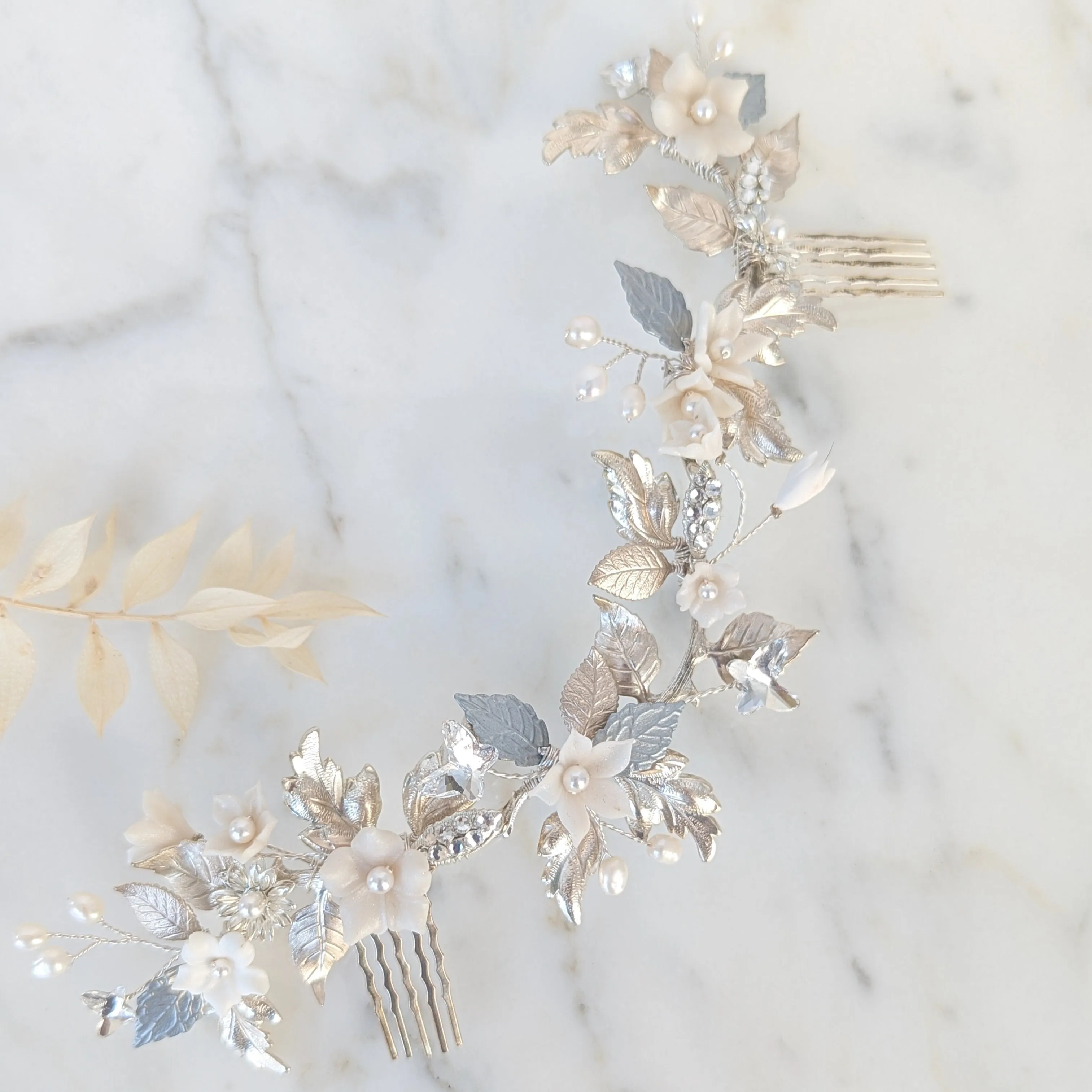 MAY Silver, Champagne & Pewter Bridal Hair Vine with Clay Flowers