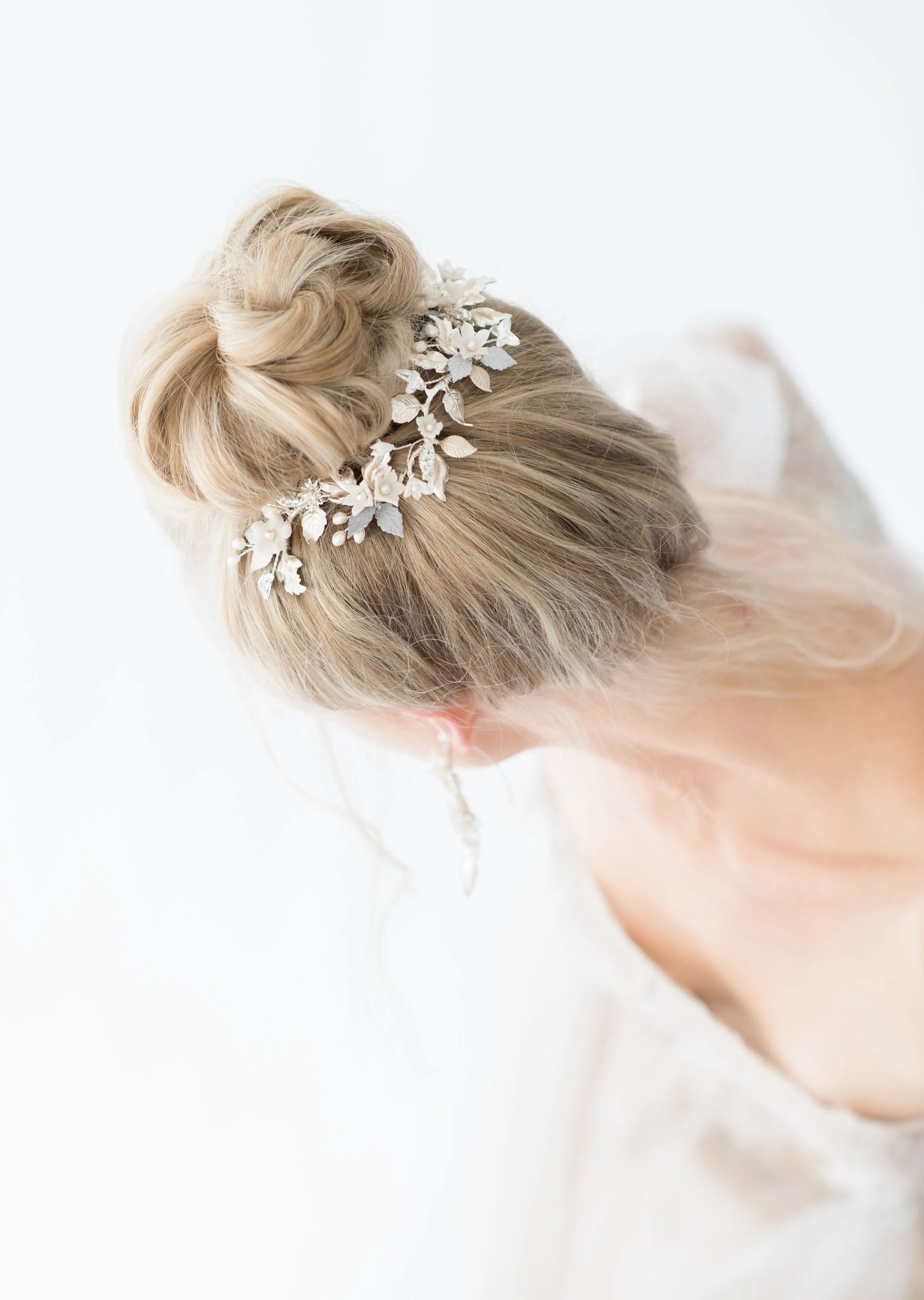 MAY Silver, Champagne & Pewter Bridal Hair Vine with Clay Flowers