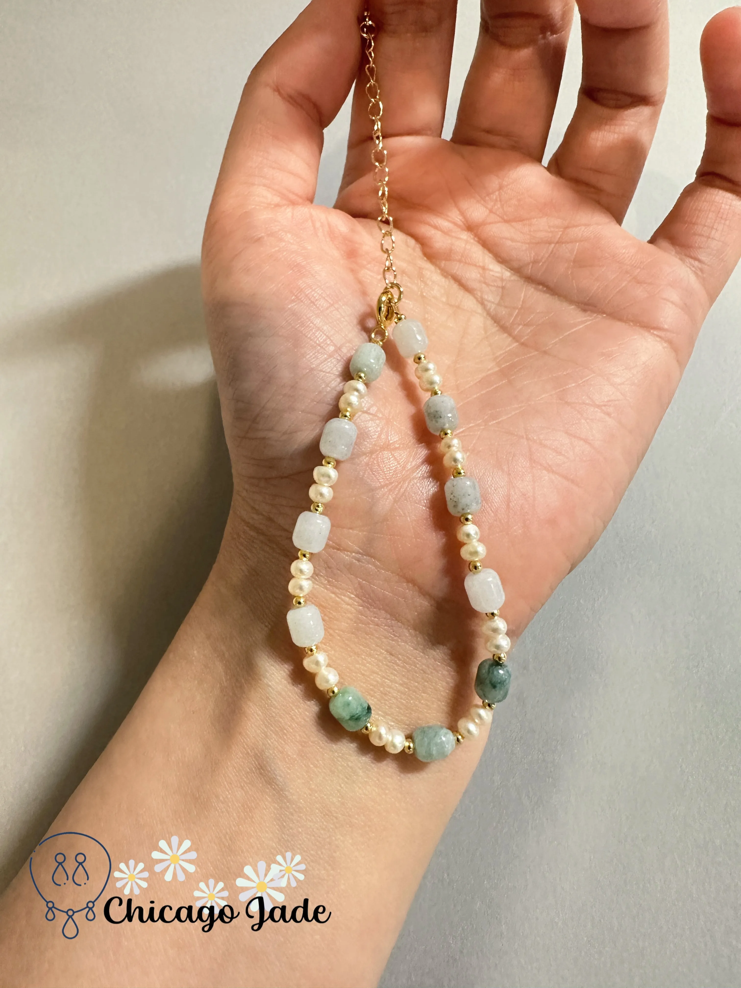 Midnight Gemstone Bracelet, Adjustable, Natural Jadeite and Pearl Beads