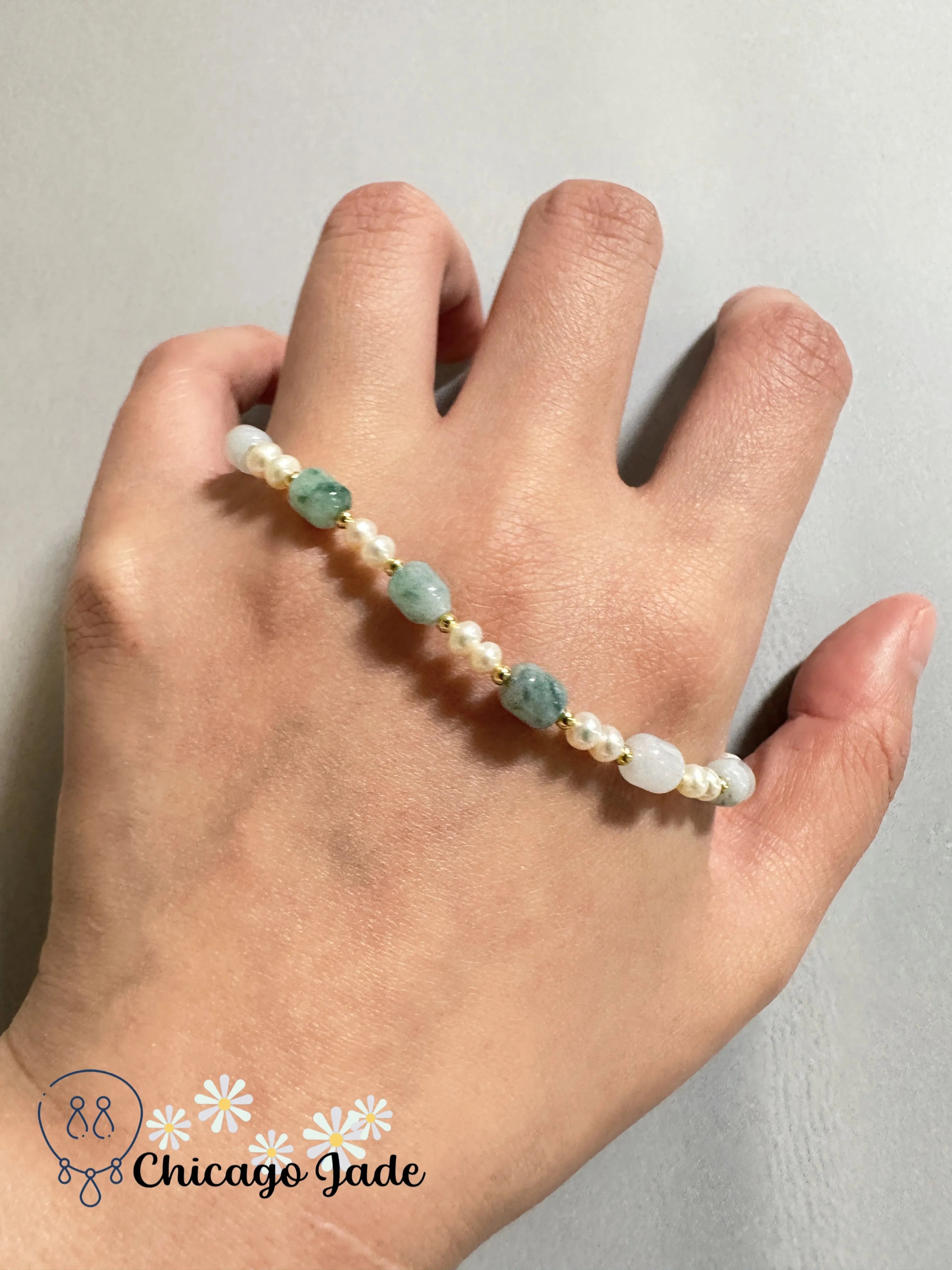 Midnight Gemstone Bracelet, Adjustable, Natural Jadeite and Pearl Beads