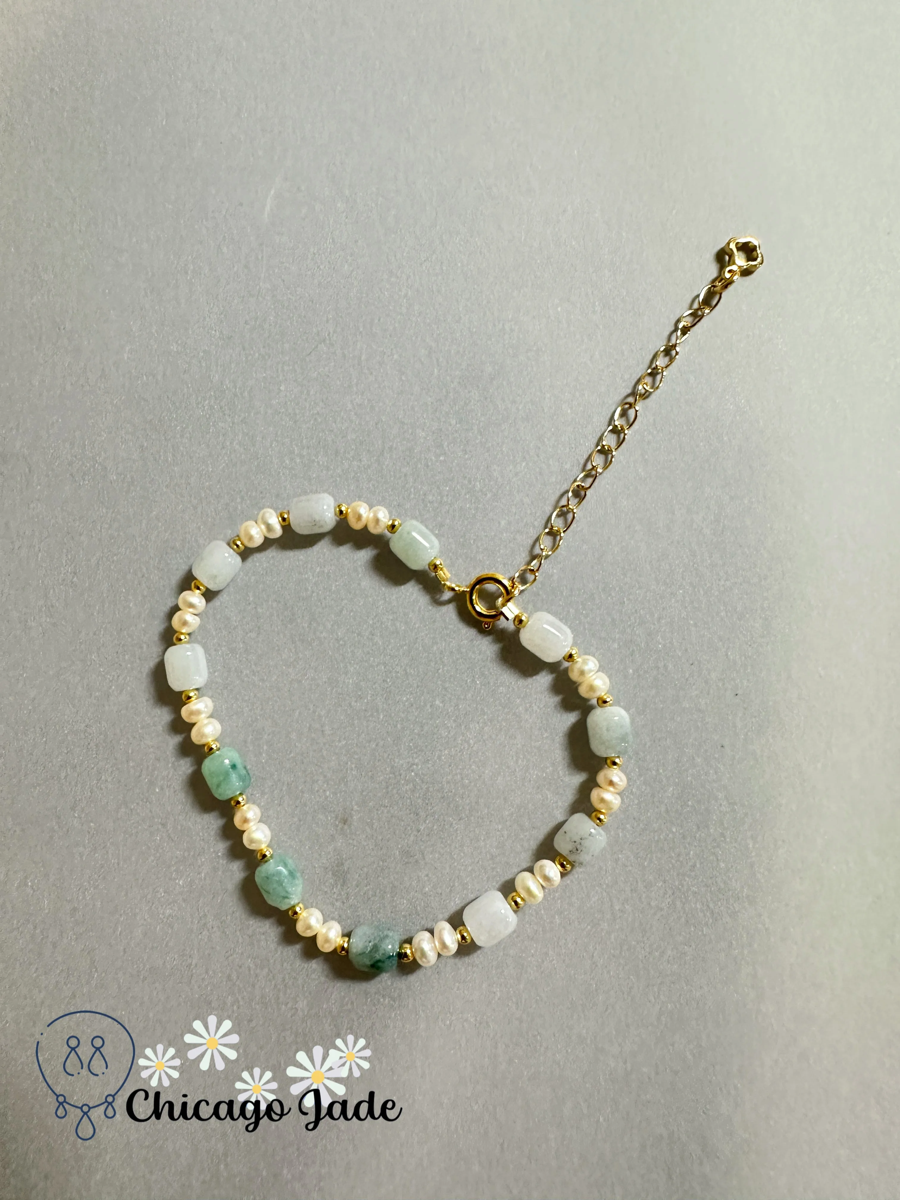 Midnight Gemstone Bracelet, Adjustable, Natural Jadeite and Pearl Beads