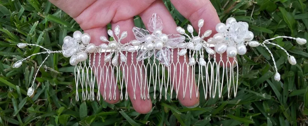 OOAK Handmade Bridal Veil Comb with Hand-wired Freshwater Pearls and Czech Glass Leaves and Flowers