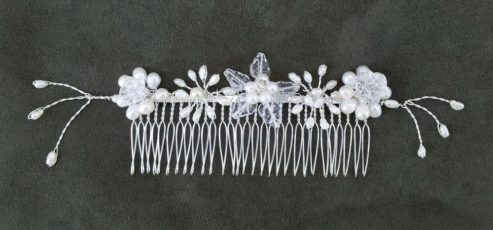 OOAK Handmade Bridal Veil Comb with Hand-wired Freshwater Pearls and Czech Glass Leaves and Flowers