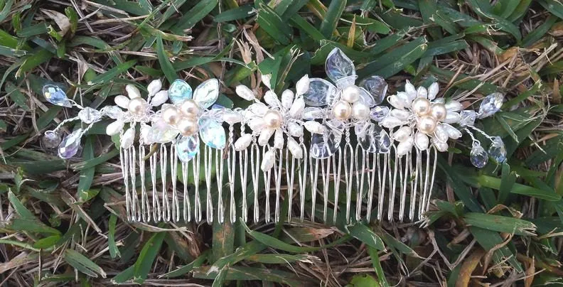 OOAK Handmade Bridal Veil Comb with Swarovski Crystals, Hand-wired Czech Glass Leaves and Freshwater Pearls