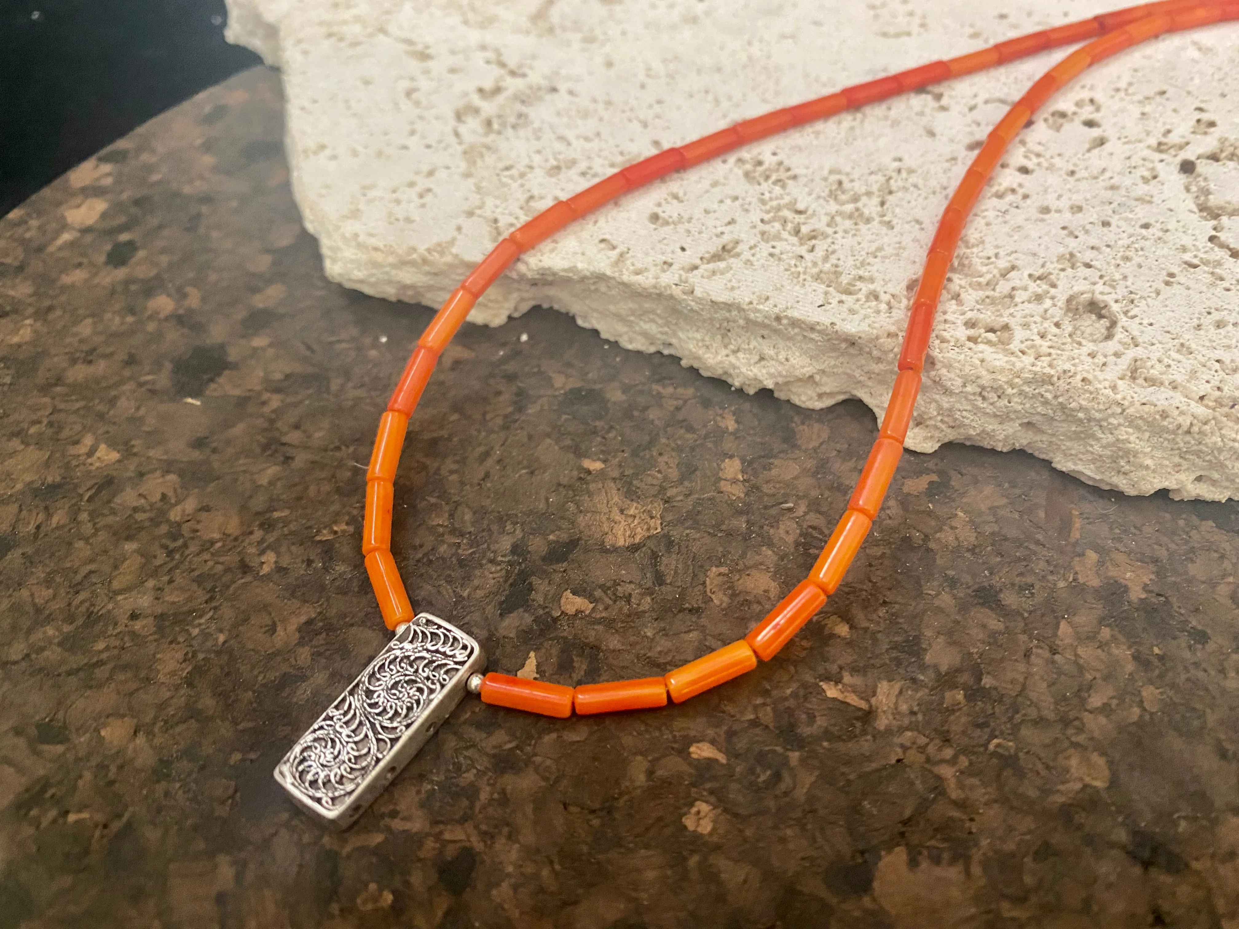 Red Coral And Silver Pendant Necklace