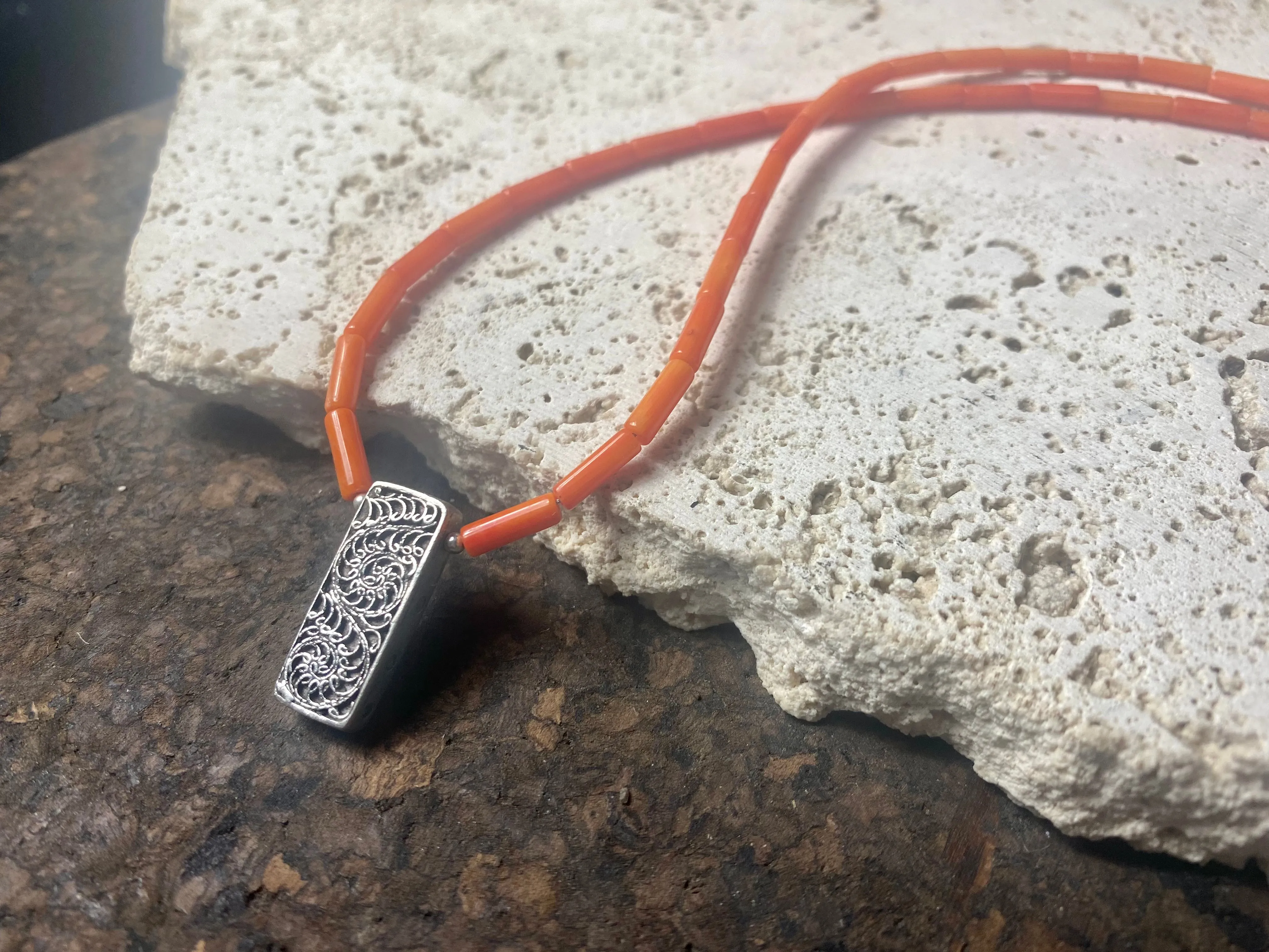 Red Coral And Silver Pendant Necklace