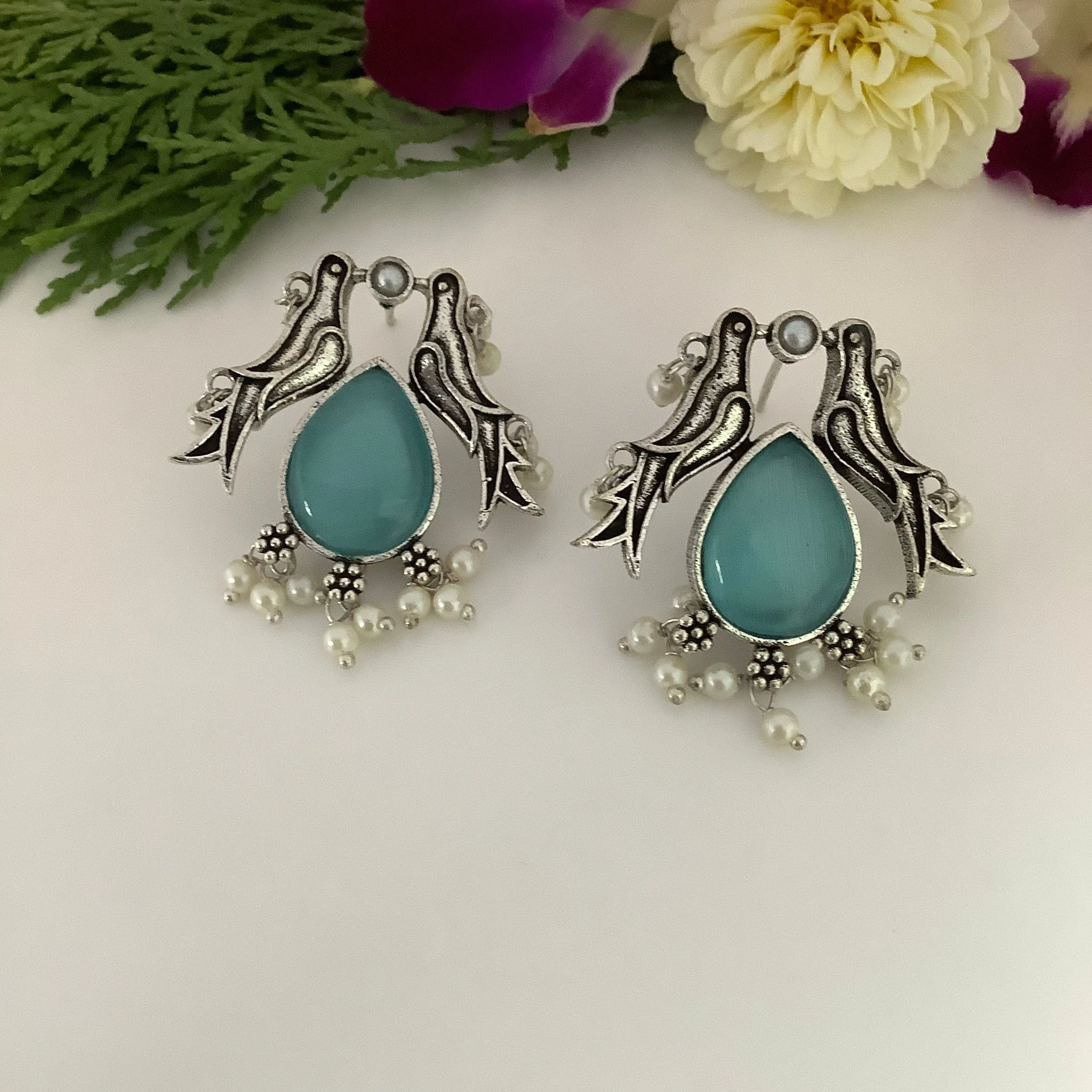 Salvanity German Silver Twin Bird Earrings