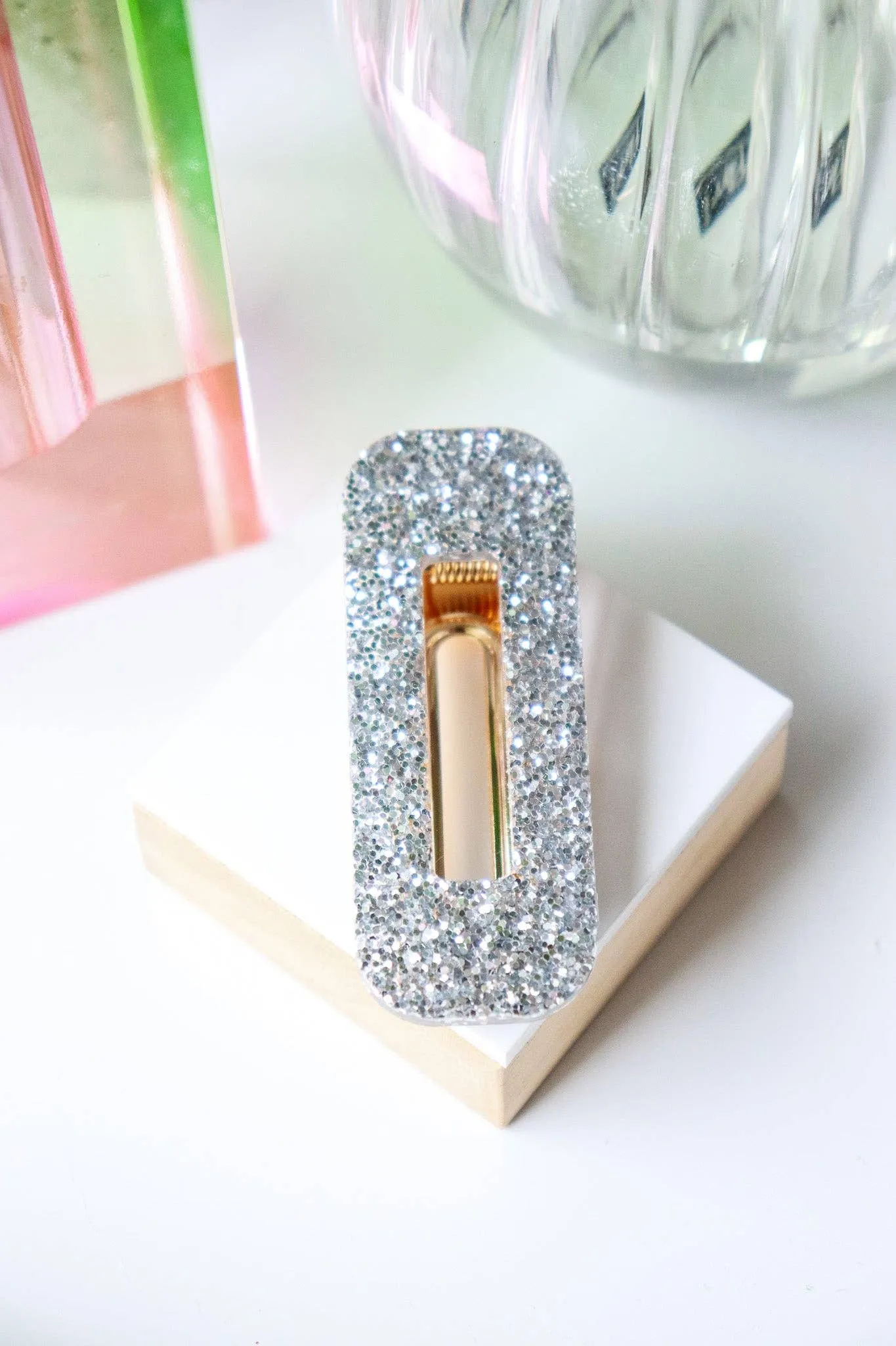 Silver glitter rectangle hair clip