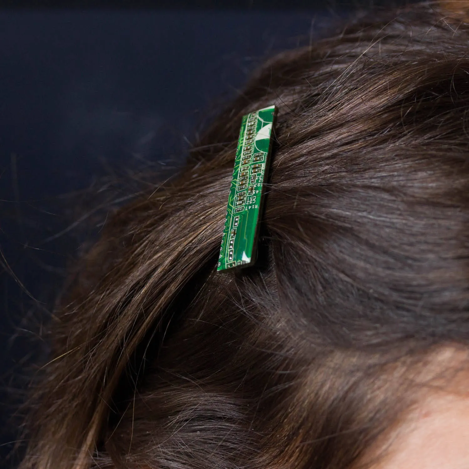 Small hair barrette made with recycled circuit board, hair clip, unique hair accessory