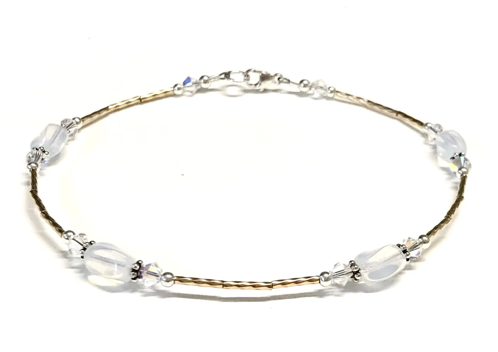White Glass Opal and Crystal Ankle Bracelet