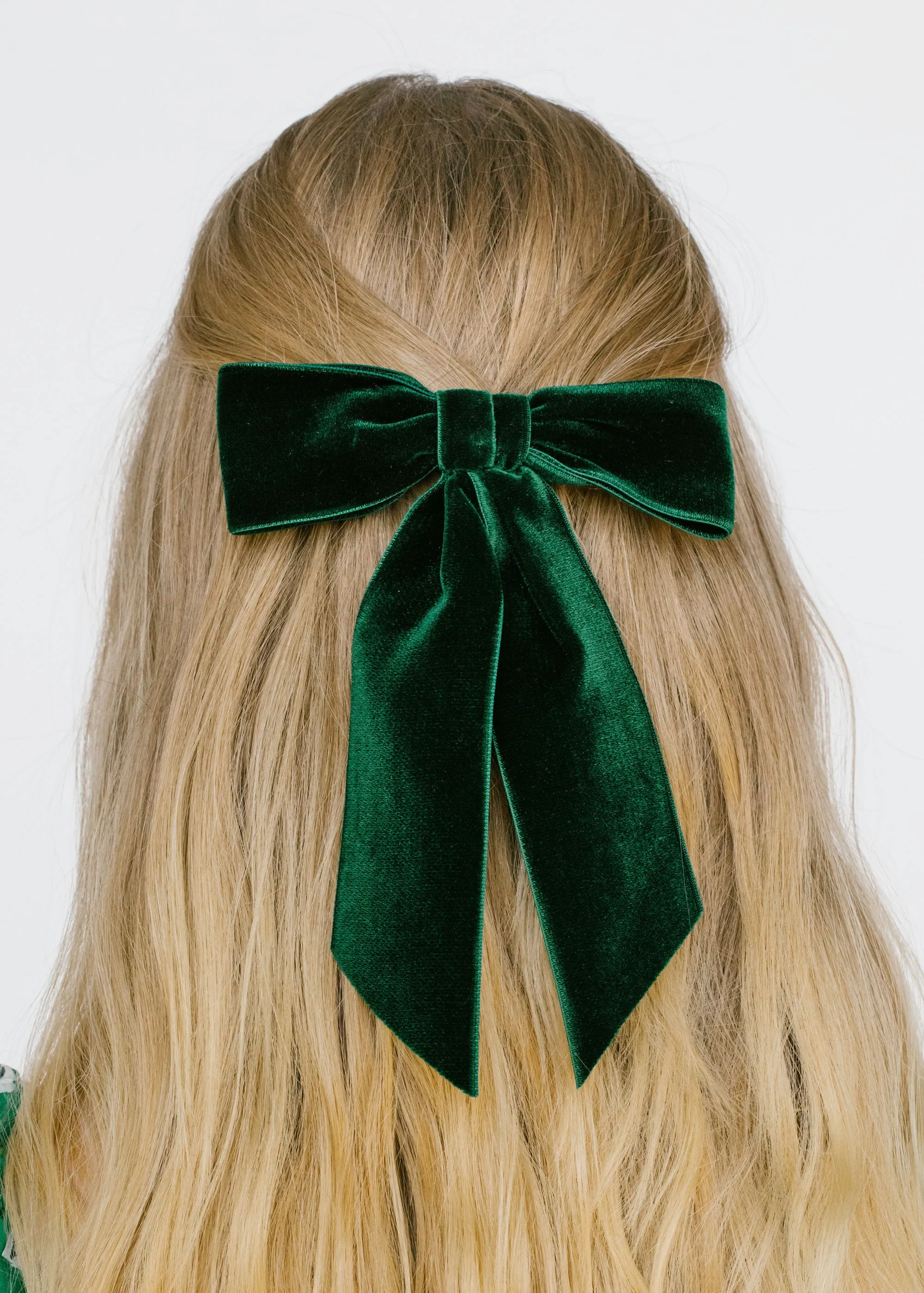 Wide Velvet Bow Barrette -- Emerald