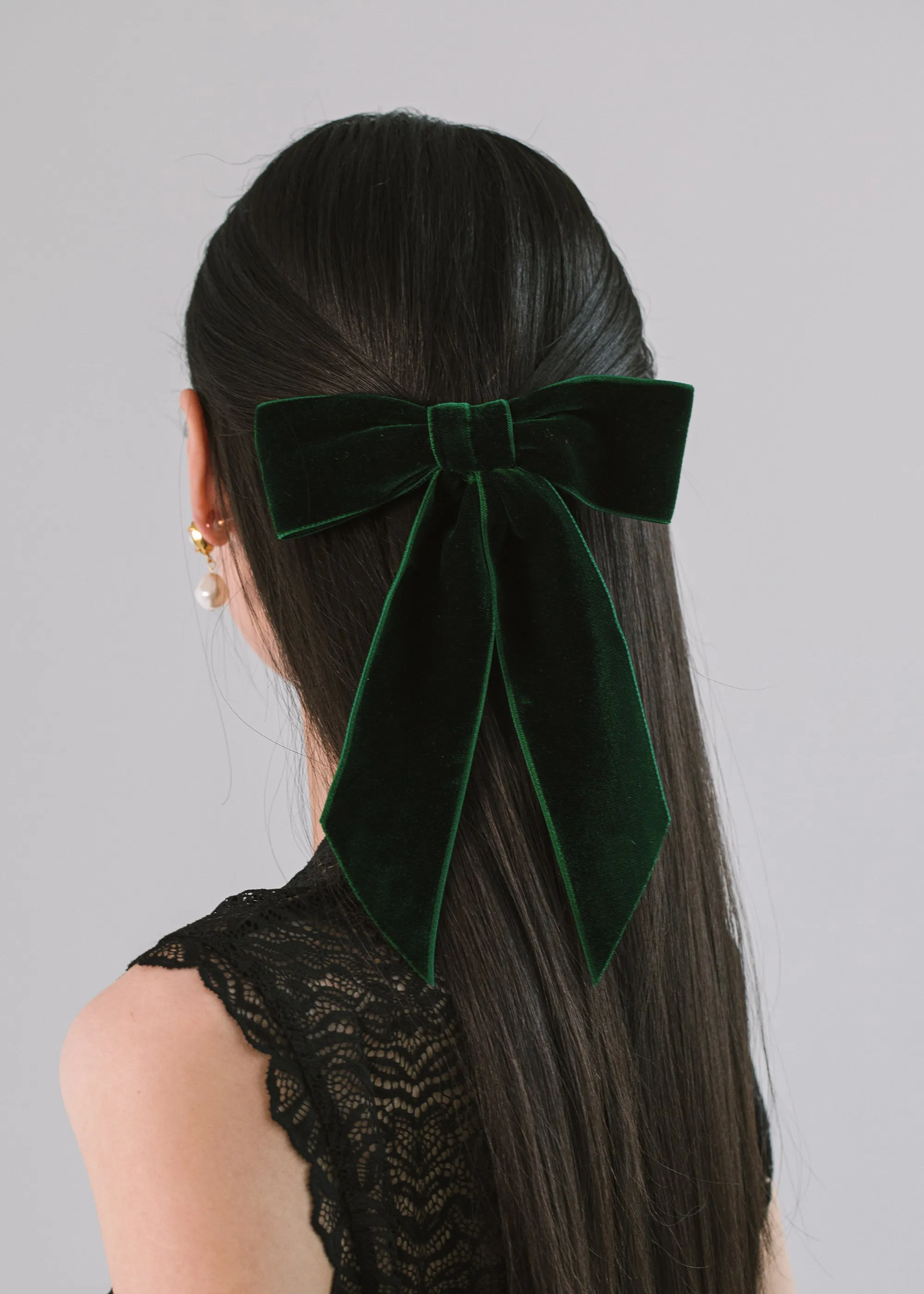 Wide Velvet Bow Barrette -- Emerald