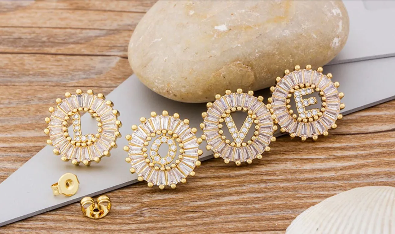 Women Gold Plated Initial Letter Stud Earrings