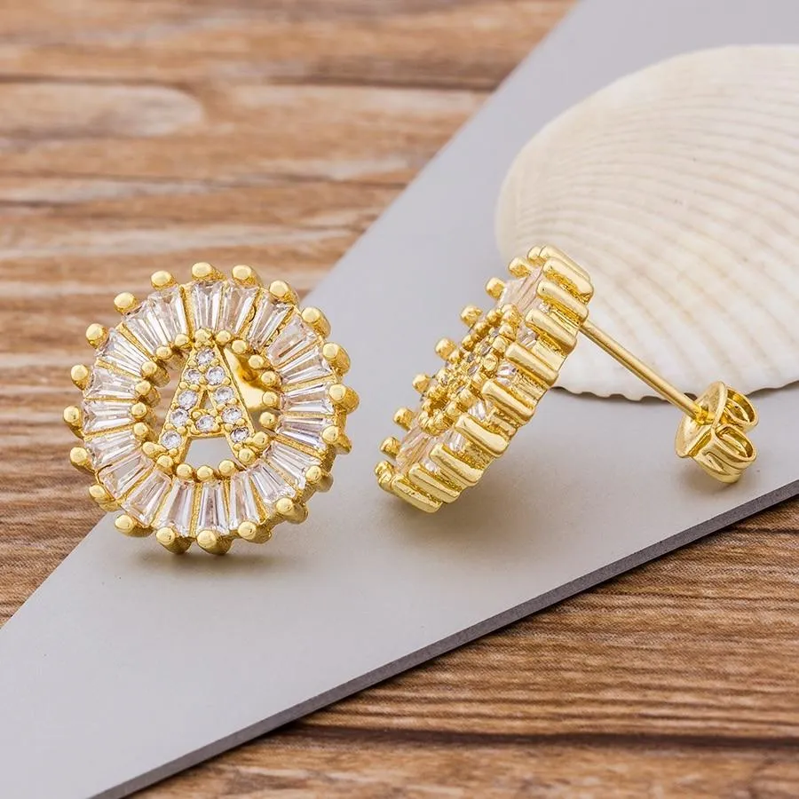 Women Gold Plated Initial Letter Stud Earrings